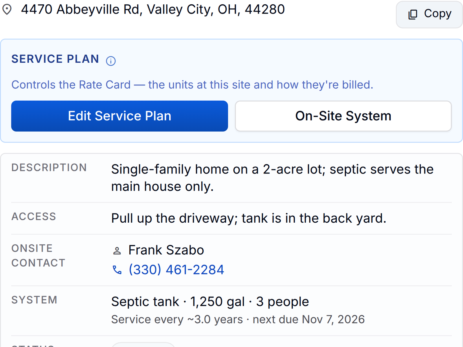 A customer's septic site in PortaPro: tank size, household size, and the predicted next pump-out date.