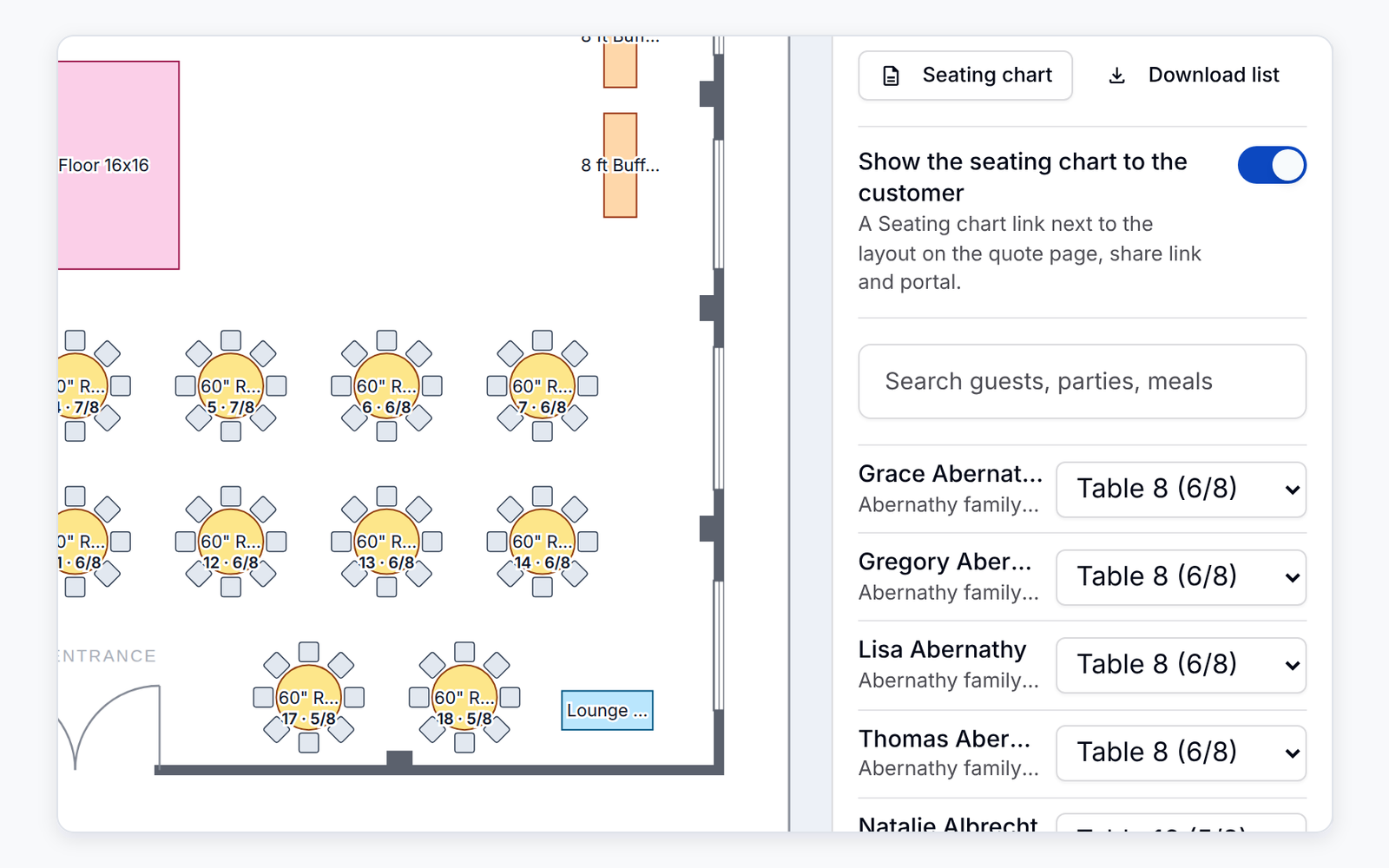 The Guests tab in a PortaPro event layout: a guest list grouped by party, seated at numbered tables, with meal counts.