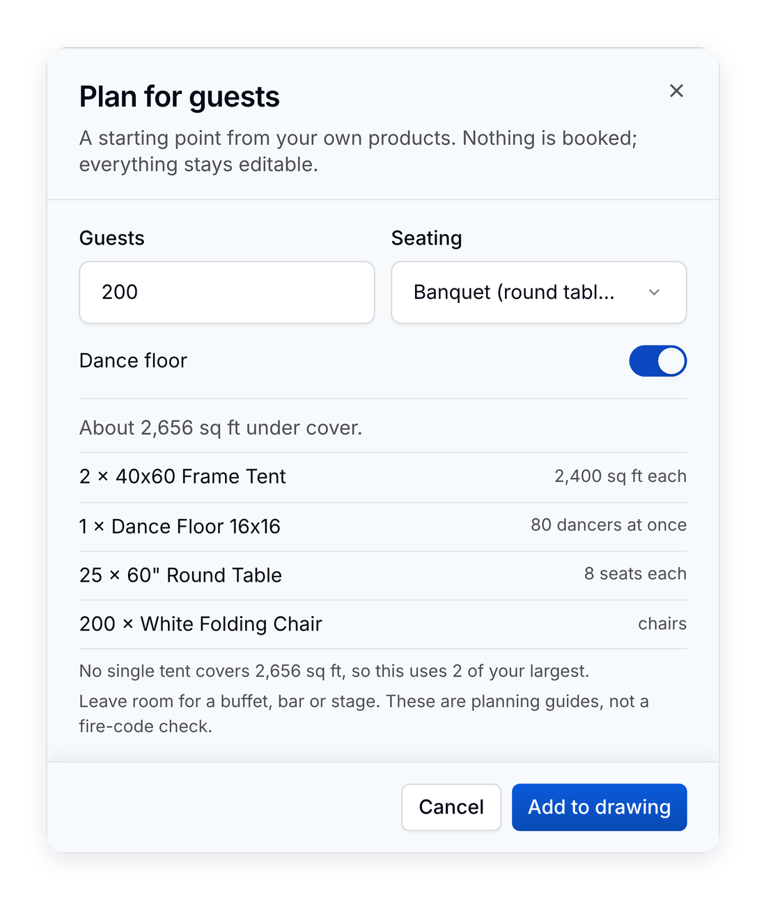 Plan for guests in a PortaPro event layout: 200 guests, banquet, with a dance floor, suggesting two 40×60 tents, a 16×16 dance floor, 25 rounds and 200 chairs from the company's own products.