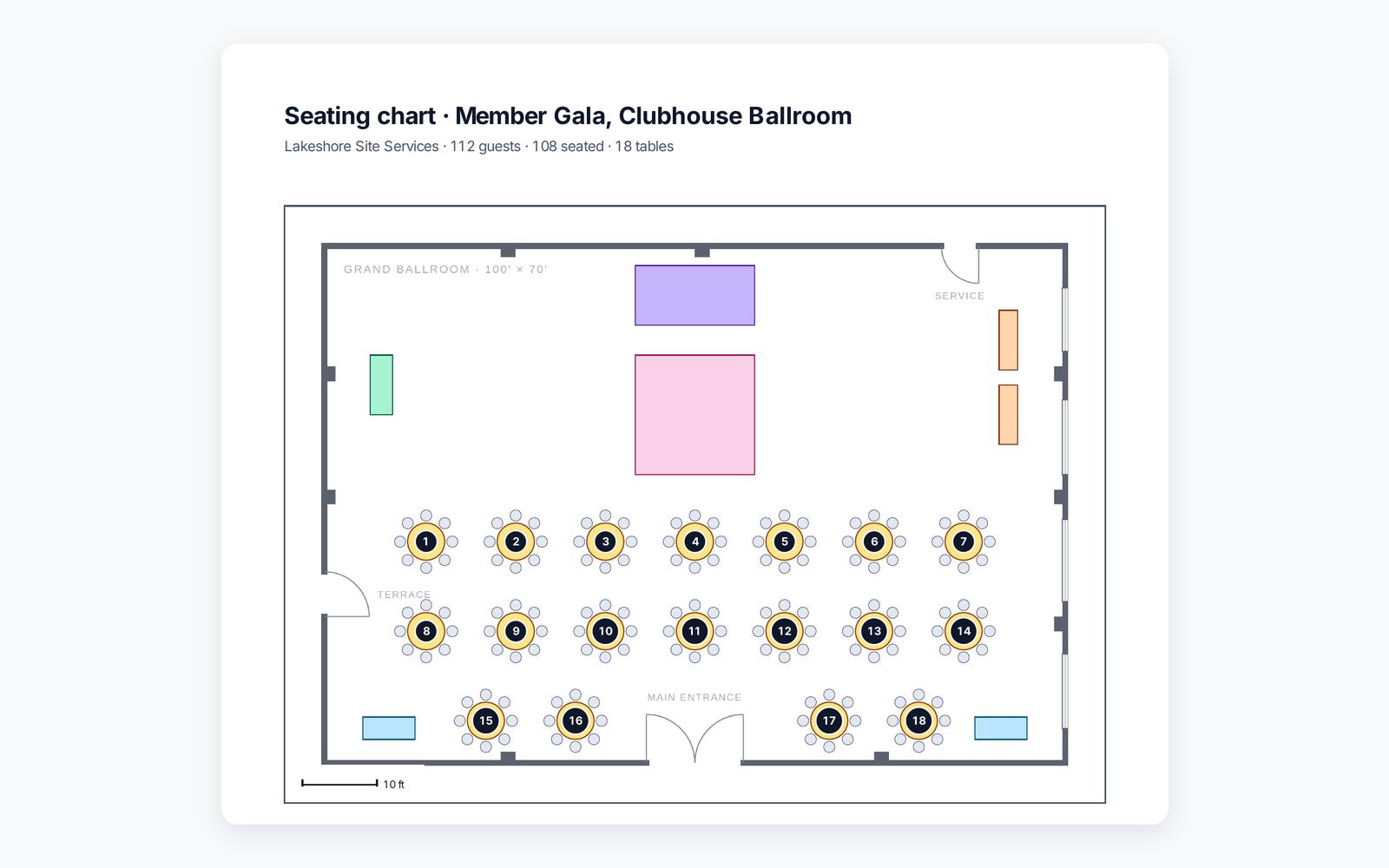 A PortaPro seating chart PDF: the plan with numbered tables, the meal totals, and each table's guests.