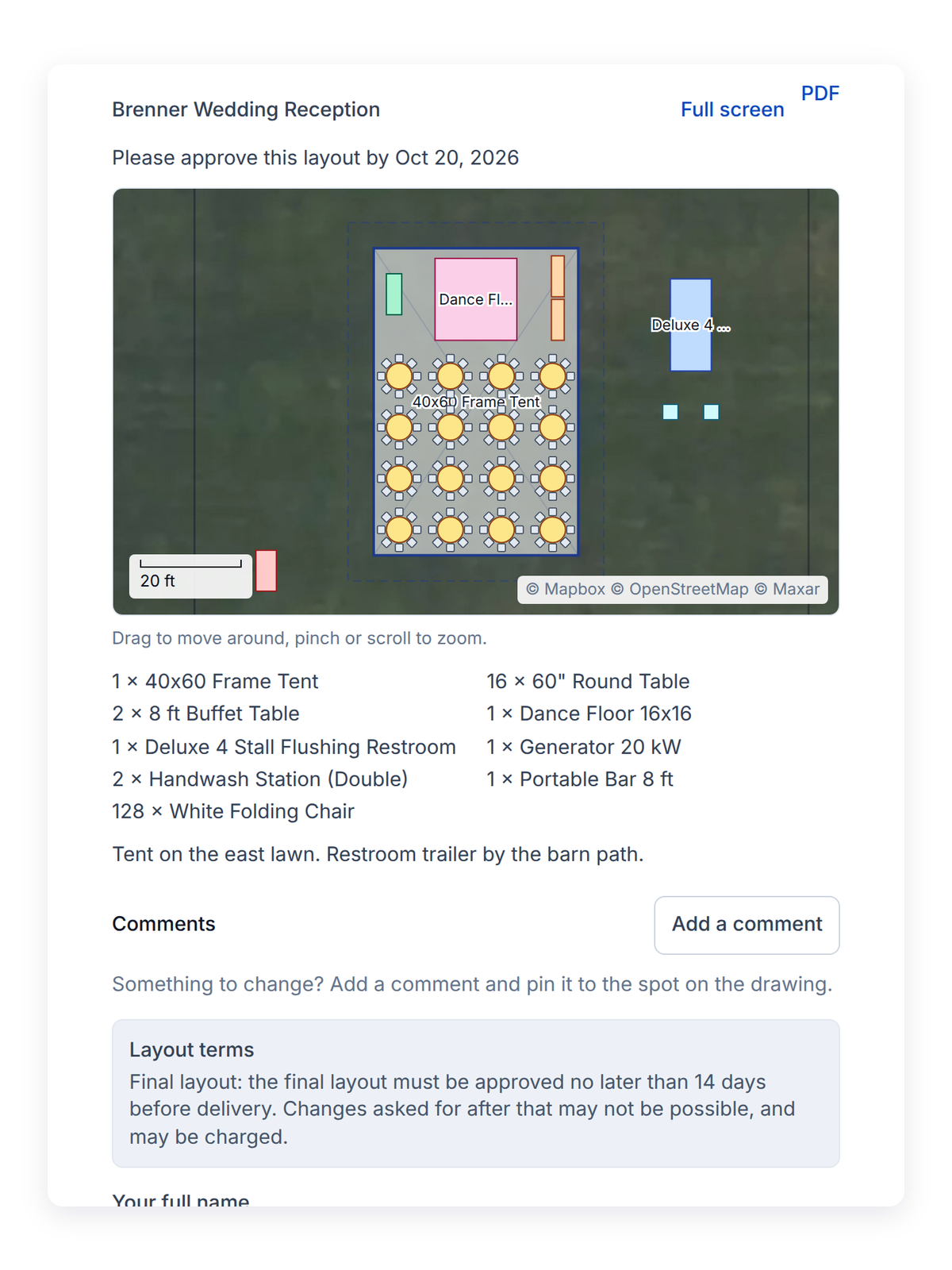 An event layout on a customer's PortaPro quote page: approve by Oct 20, the tent and tables drawn to scale on the venue, and everything in it.