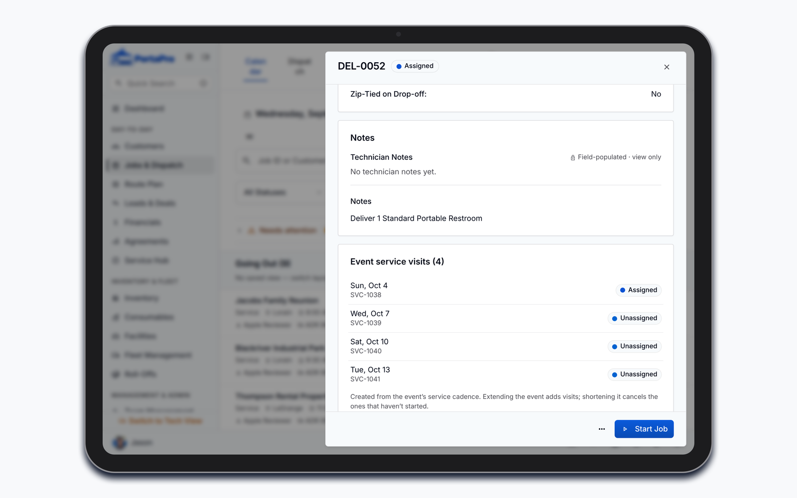 A festival delivery job in PortaPro on an iPad held sideways: its four event service visits every three days, Oct 4 assigned and the rest unassigned.
