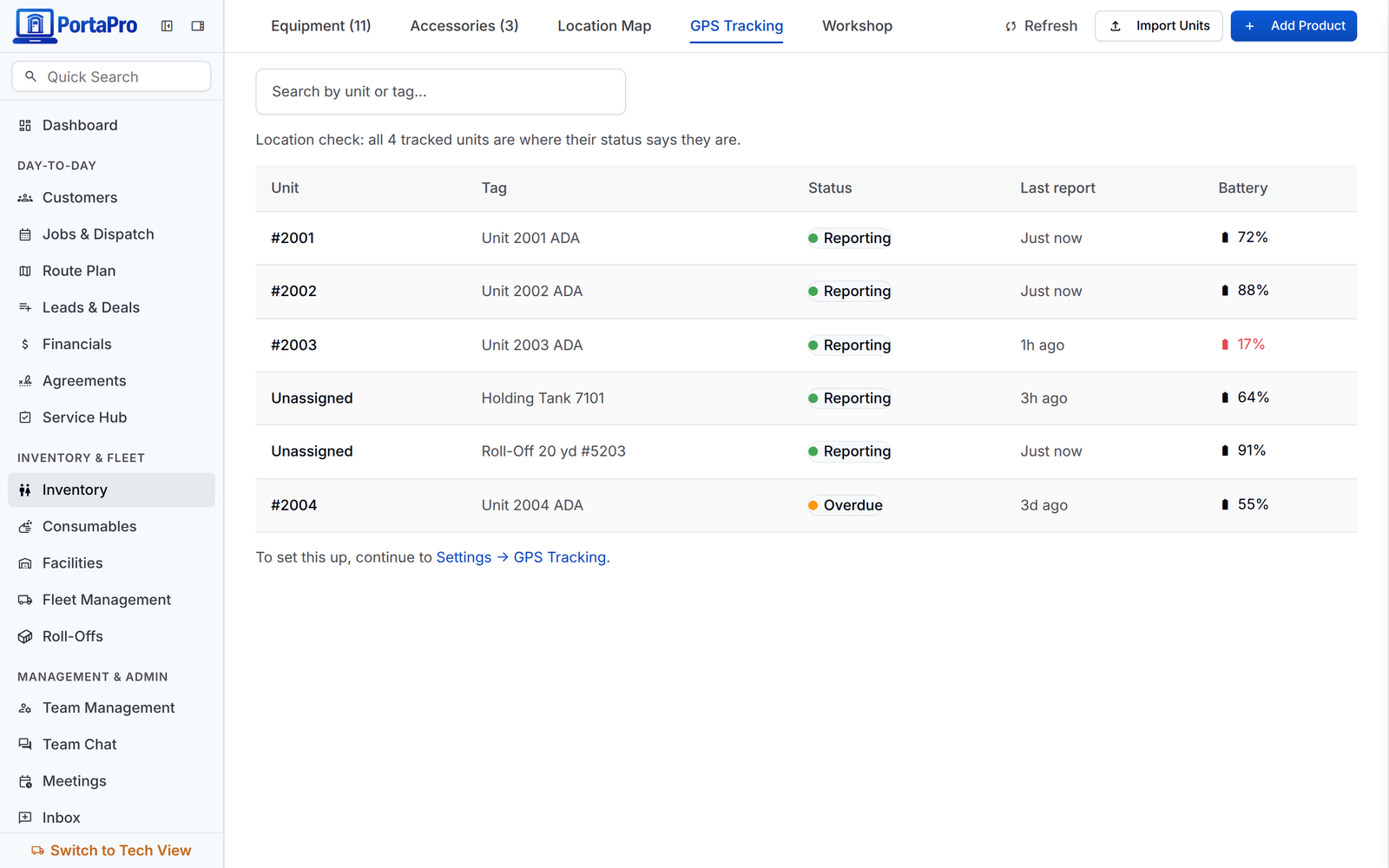 The GPS Tracking list in PortaPro inventory: every tagged unit with its tag, reporting status, last report, and battery, plus a location check across all of them.
