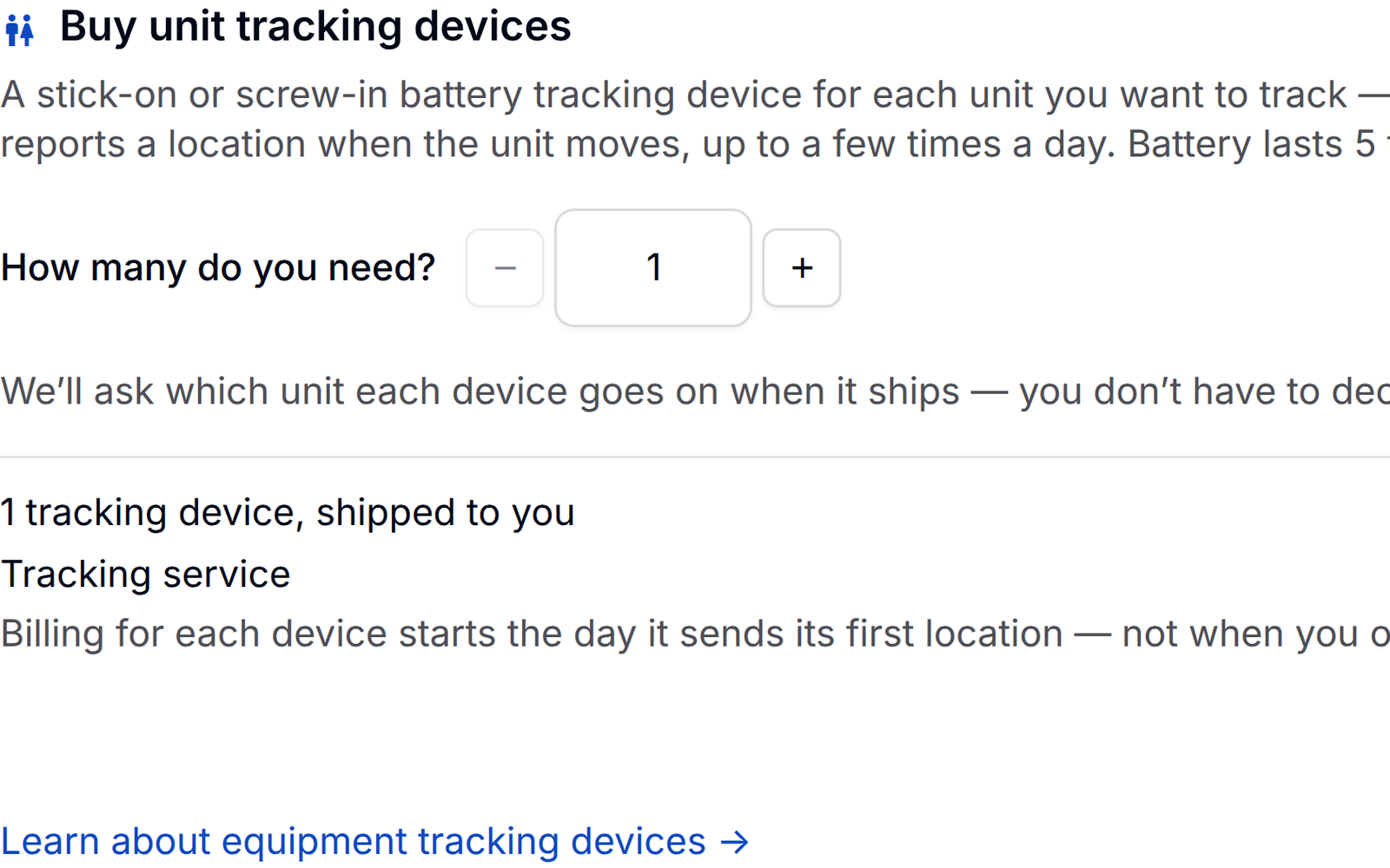 Ordering battery tracking devices for portable units in PortaPro: stick-on or screw-in, no wiring, a few location reports a day, and 5 to 7 years of battery.