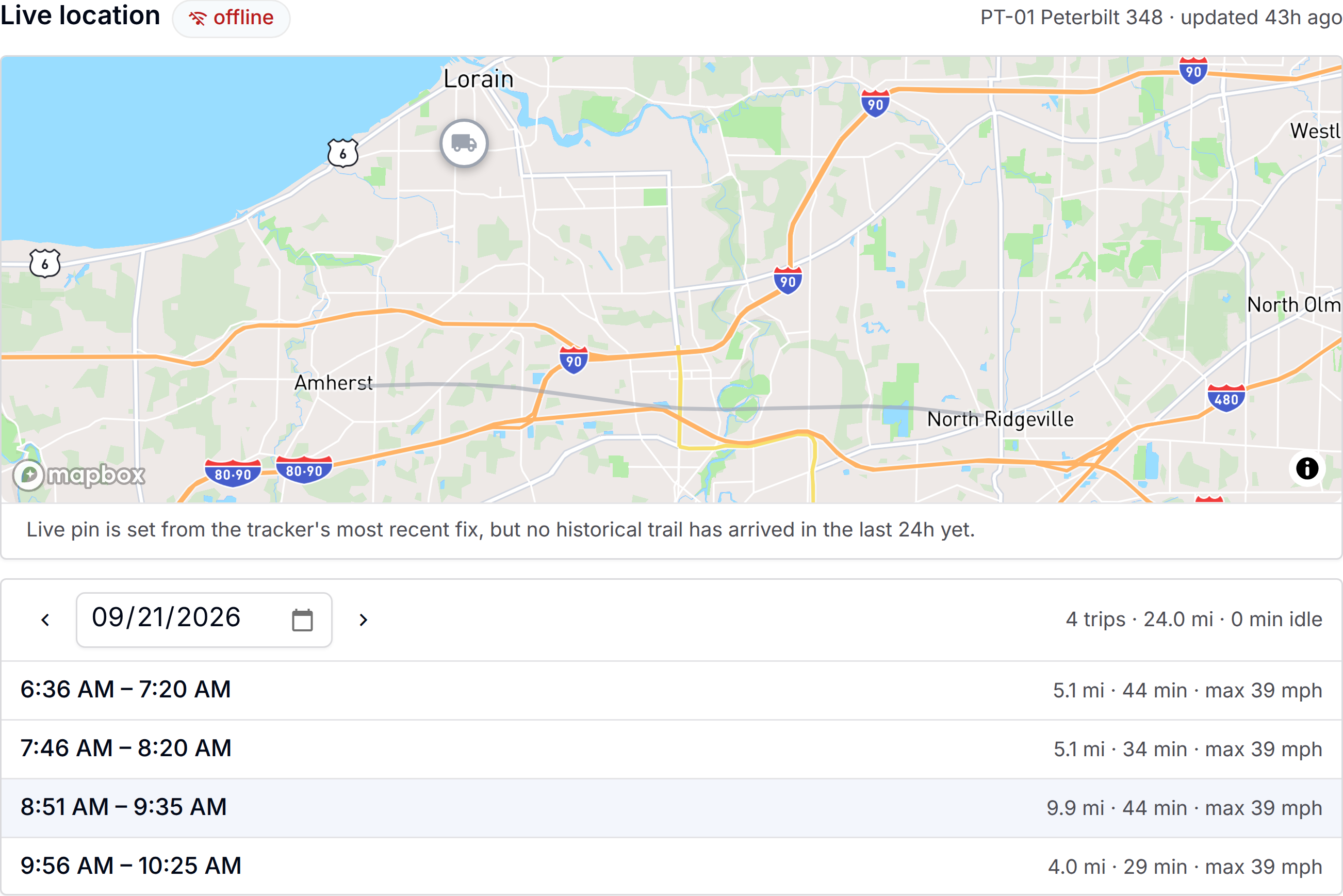 A truck's Location tab in PortaPro: its live position, the trail it drove today, and the trip that drew it with distance, duration, idle time, and top speed.