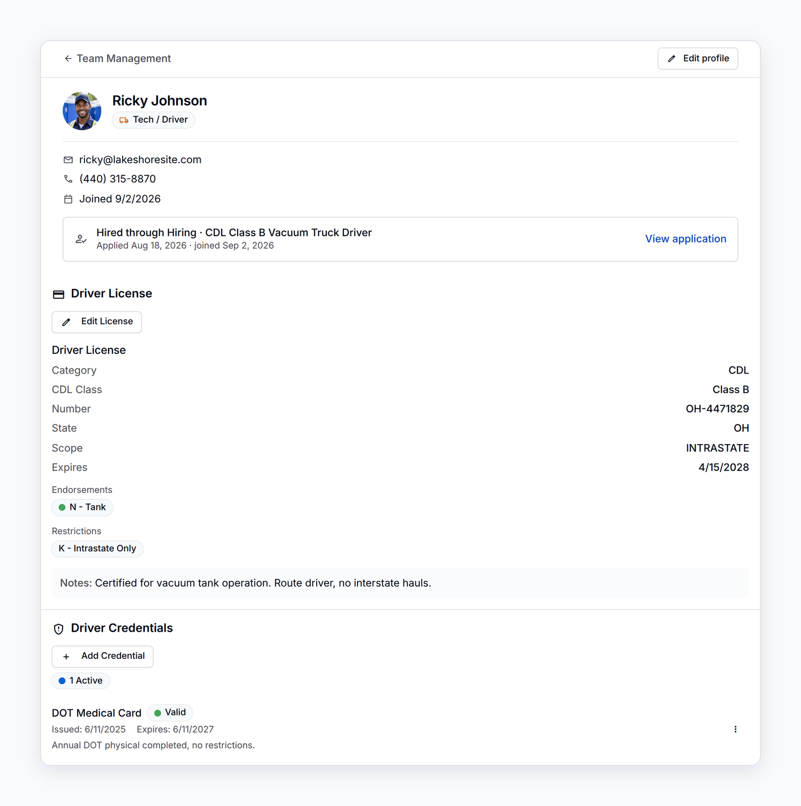 A new driver's Driver Details in PortaPro after accepting the invitation: license class, endorsements and medical card expiration filled from the application, with Hired through Hiring.
