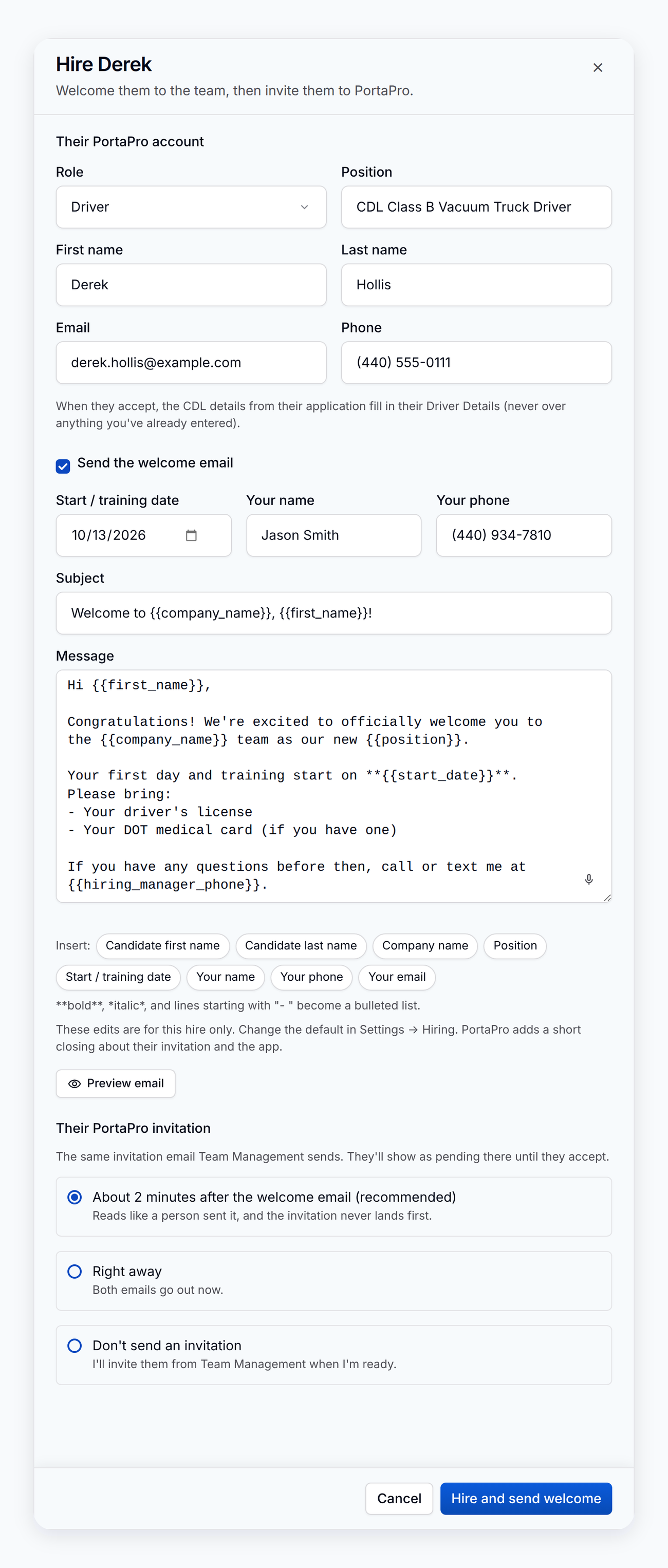 The Hire sheet in PortaPro: role Driver, a start date, the welcome email preview, and the invitation set to go about 2 minutes after the welcome email.