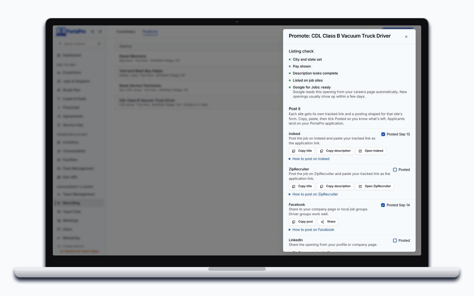 Promote for a CDL driver opening in PortaPro: the listing check, then Indeed, ZipRecruiter, Craigslist, Facebook and LinkedIn rows with Copy title, Copy description and Posted.