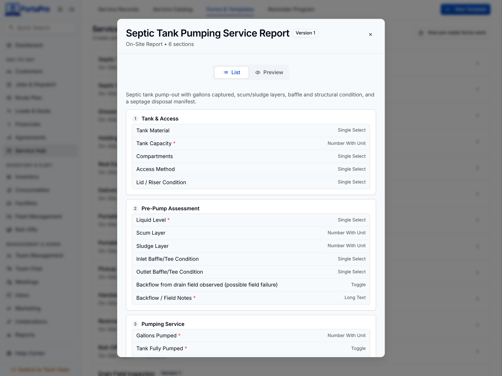 Forms & Templates in PortaPro's Service Hub with the Septic Tank Pumping Service Report open over the library list: six sections, required fields marked.