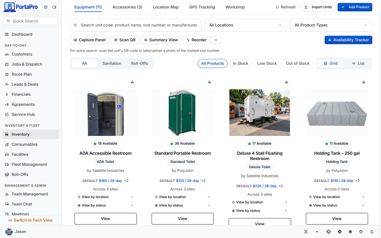 A product's unit summary in PortaPro inventory: 18 available, 5 on rent today, 1 in maintenance, with each tracked unit listed by status.
