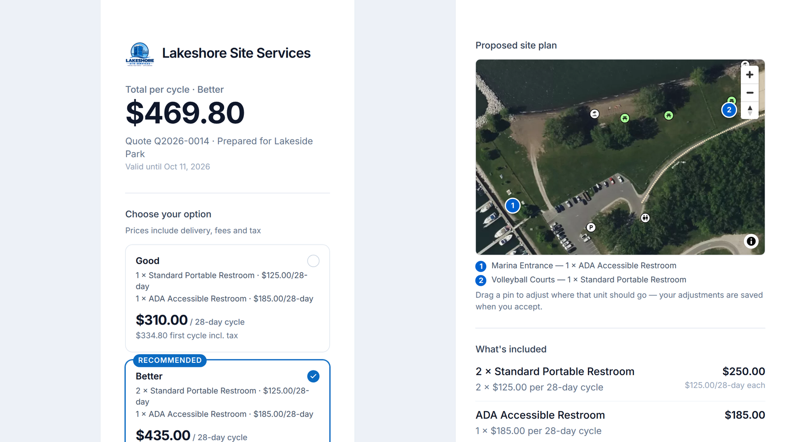The quote a customer opens from their email: Good and Better options, the proposed site plan with numbered pins, and the Accept button.