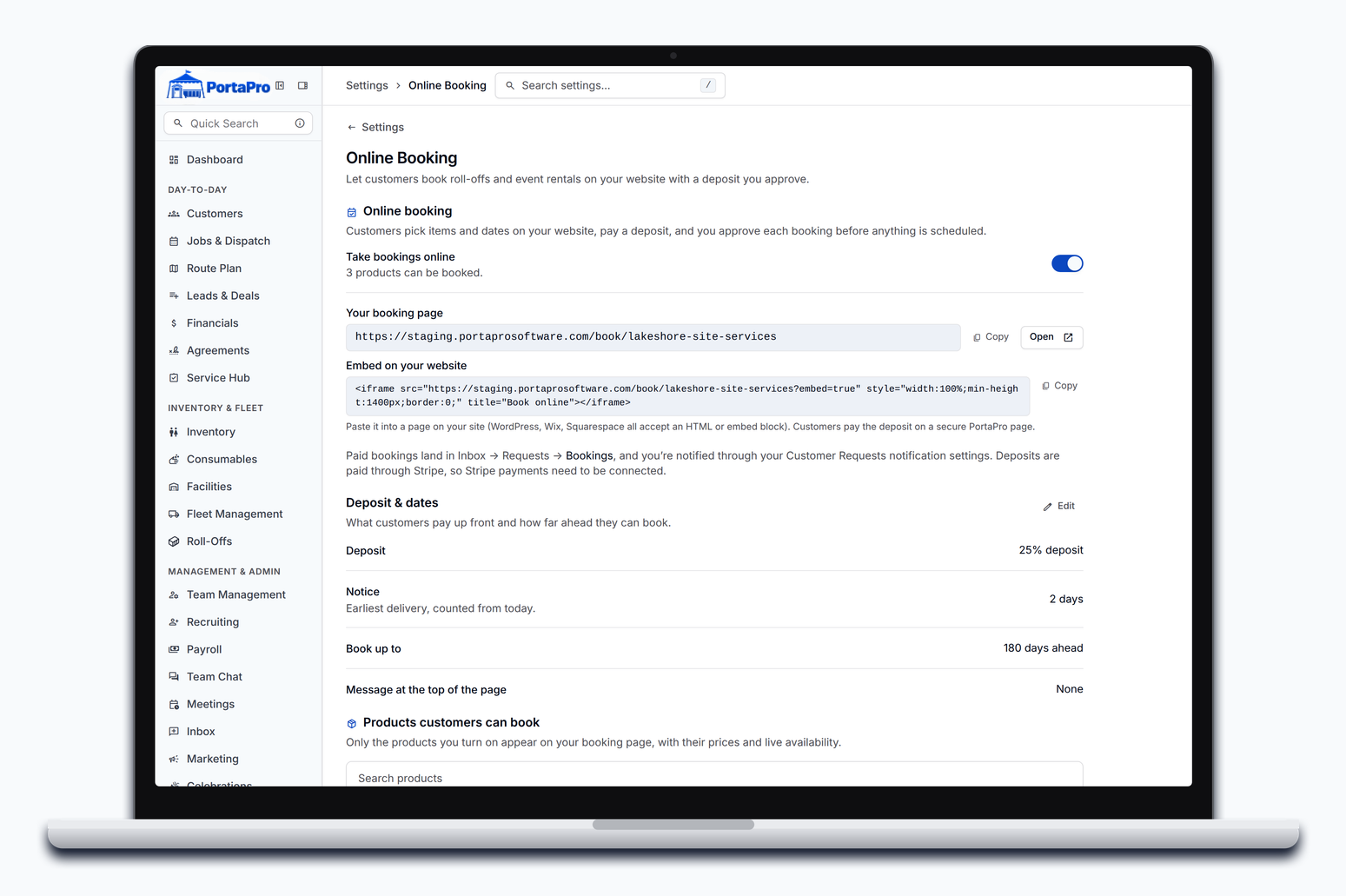 Settings, Online Booking in PortaPro: Take bookings online, the products customers can book, Deposit and dates, and the booking page link with its embed code.
