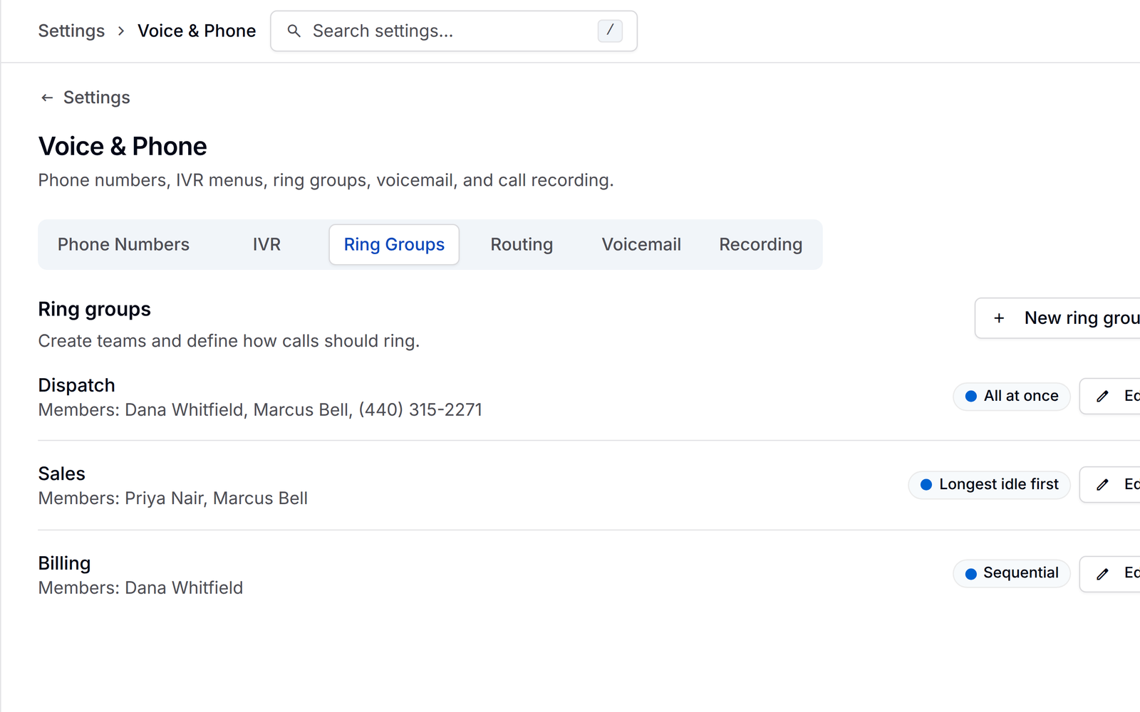Ring groups in PortaPro: dispatch, sales, and billing, each with its members and its ring strategy.
