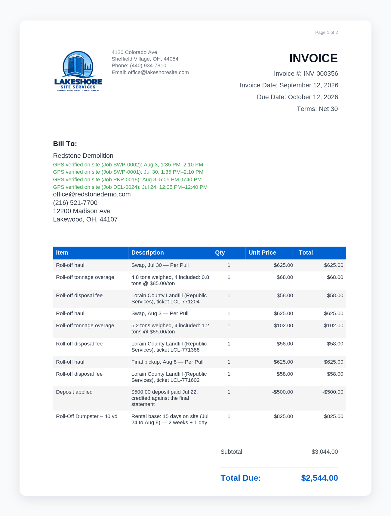 The final invoice for a completed roll-off rental in PortaPro: the operator's branded PDF with rental base, hauls, tonnage overages, and disposal fees, less the deposit already paid.