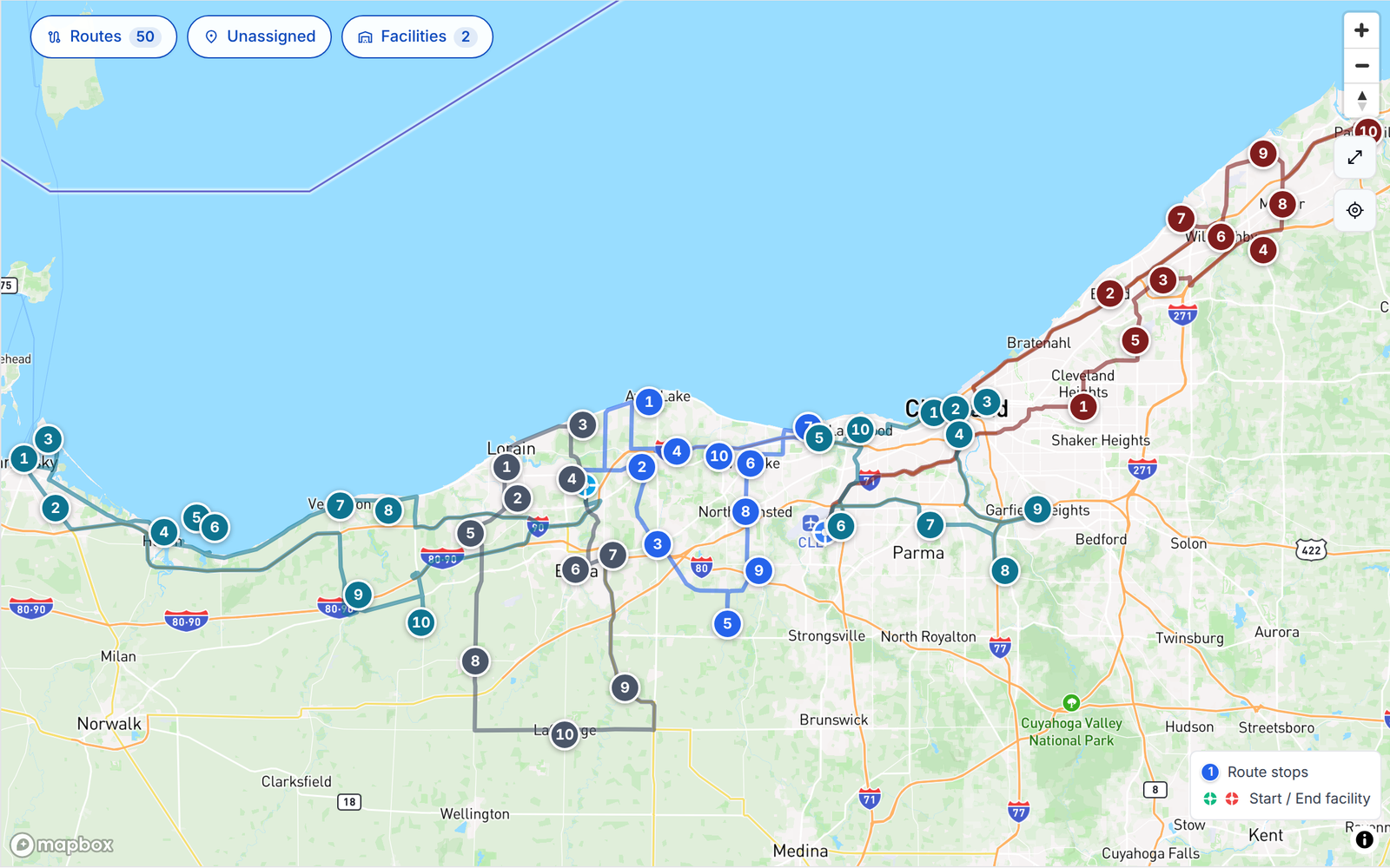 A day of optimized routes in PortaPro: five drivers, ten stops each, sequenced on real roads from Sandusky through Cleveland to Painesville.