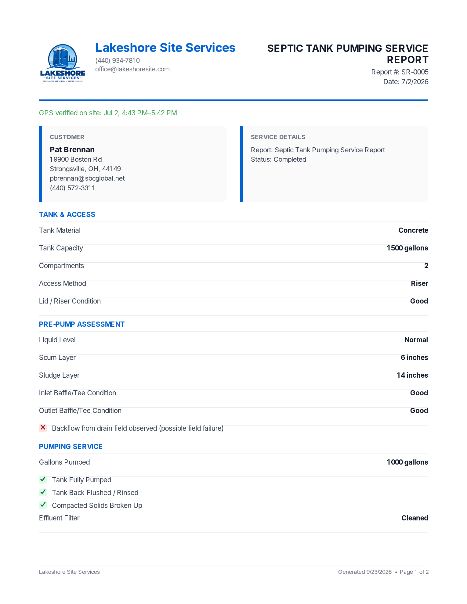 The completed Septic Tank Pumping Service Report PDF from PortaPro as the customer receives it: the operator's logo, GPS-verified time on site, the customer, and the report section by section.