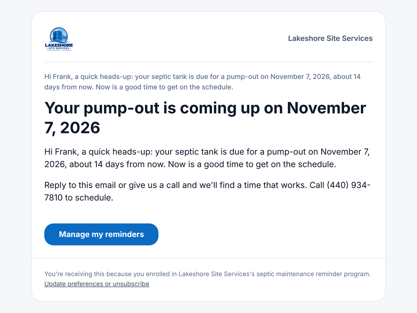 The two-weeks-out pump-out reminder email from PortaPro, branded as the septic company, with the due date and the Manage my reminders button.