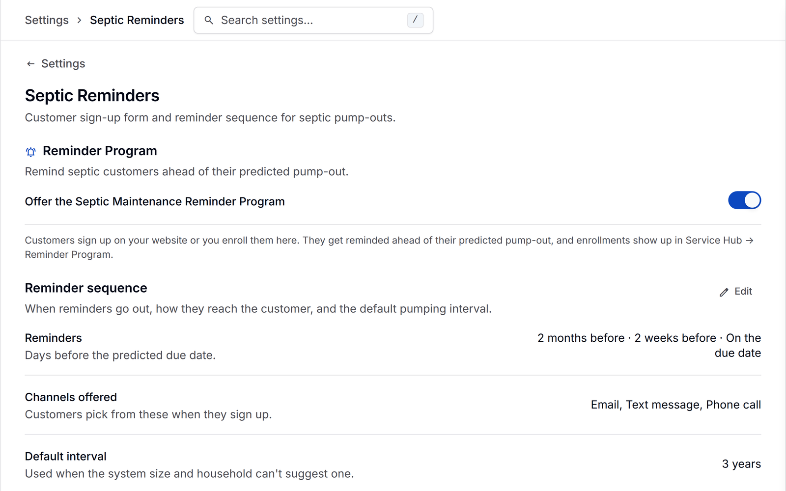 Settings, Septic Reminders in PortaPro: the program switch and the reminder sequence card with the reminders, channels offered, and default interval.