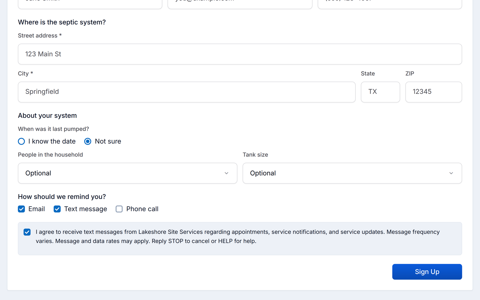 The bottom of the septic reminder sign-up form with Text message chosen: the consent checkbox and disclosure above the Sign Up button.