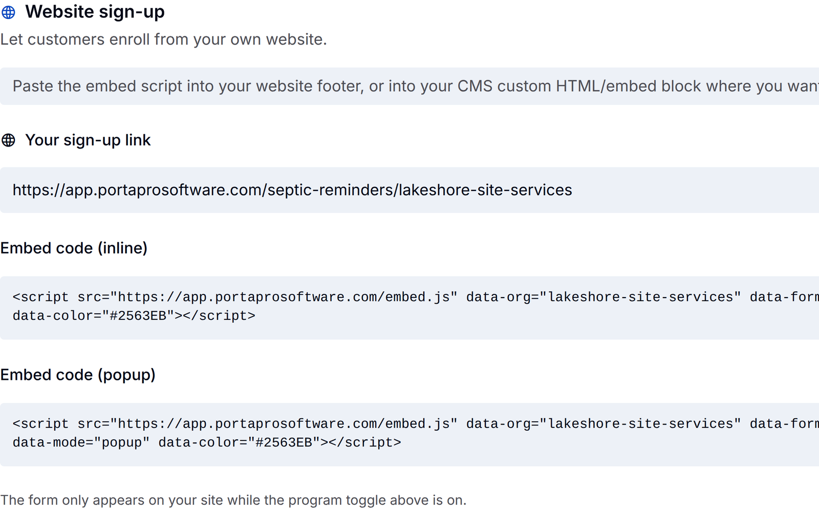 The Website sign-up card in PortaPro settings: the sign-up link and the inline and popup embed codes, each with a Copy button.