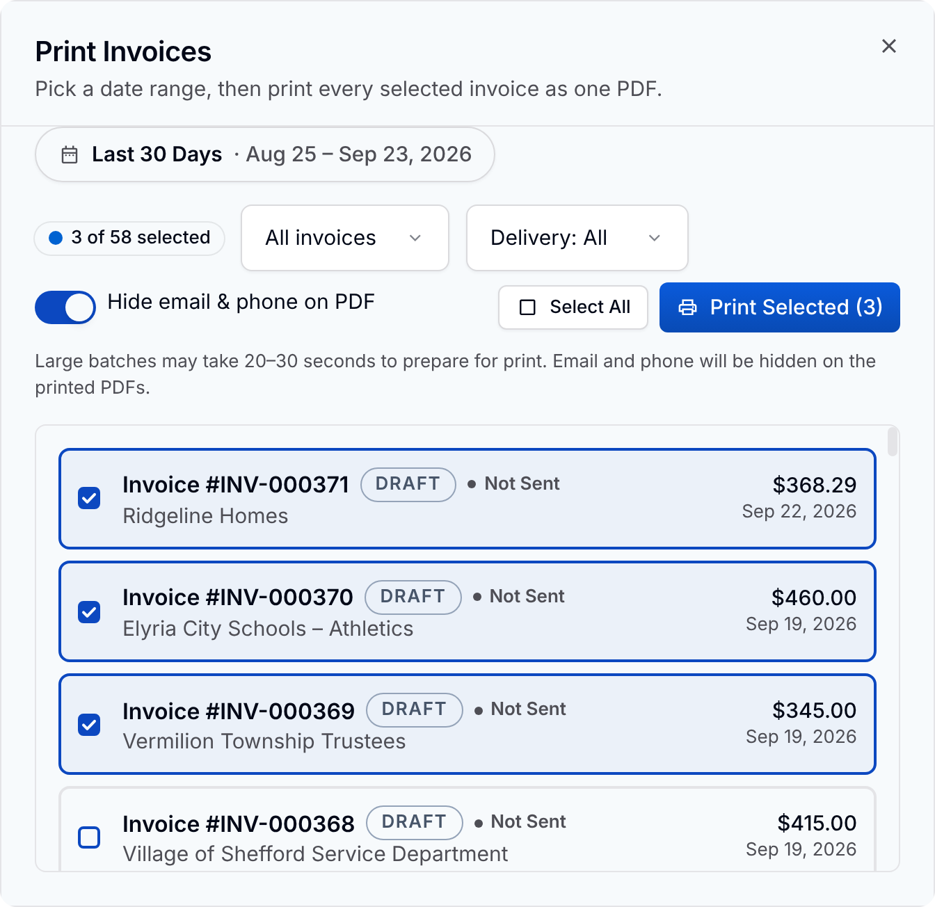 Print Invoices: the last 30 days with each invoice's delivery status, three municipal invoices ticked, and Print Selected to print them as one PDF.
