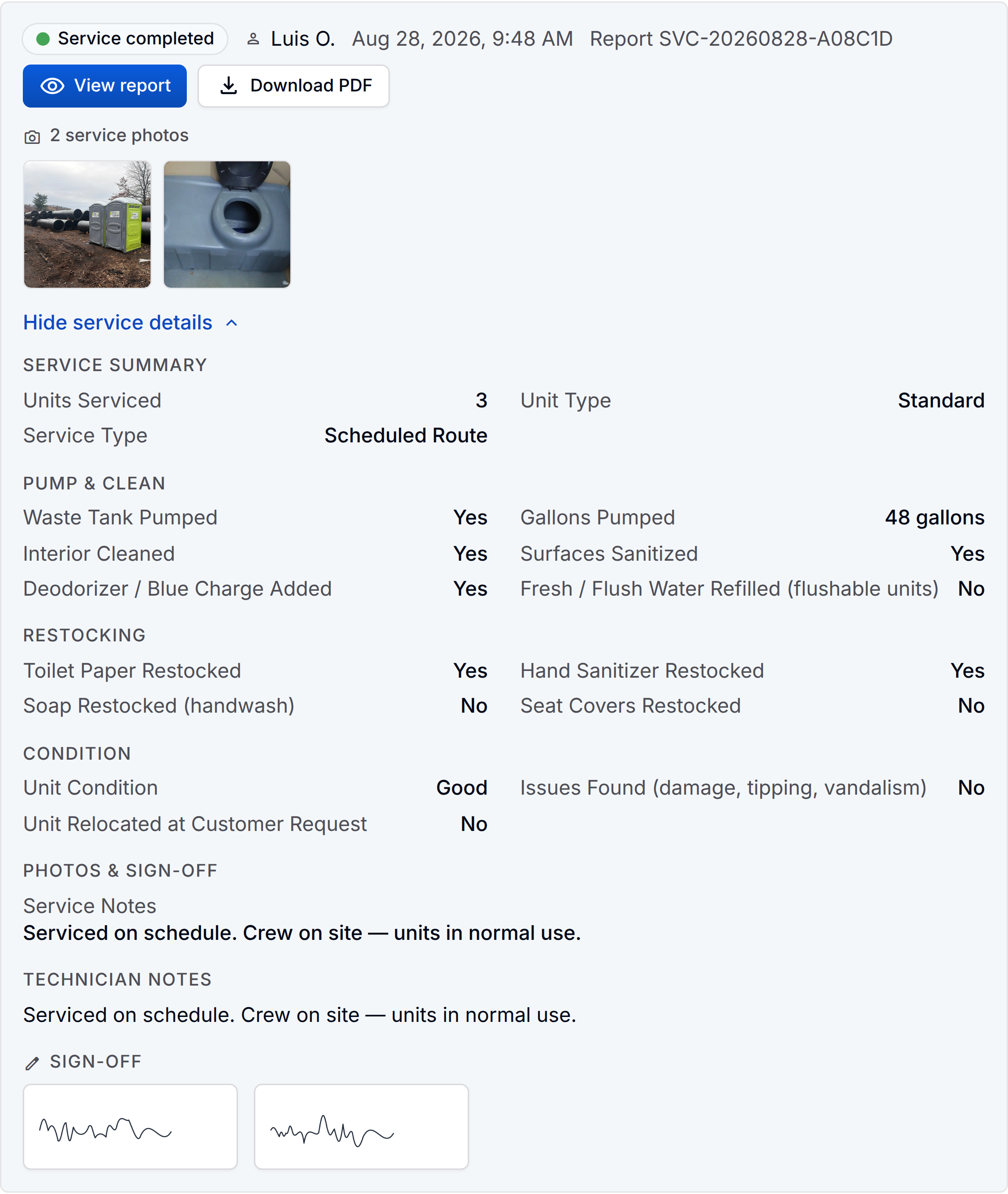 A completed service record in the customer portal: completed Aug 28 at 9:48 AM by Luis O., two photos, the checklist answers, notes, and both signatures.