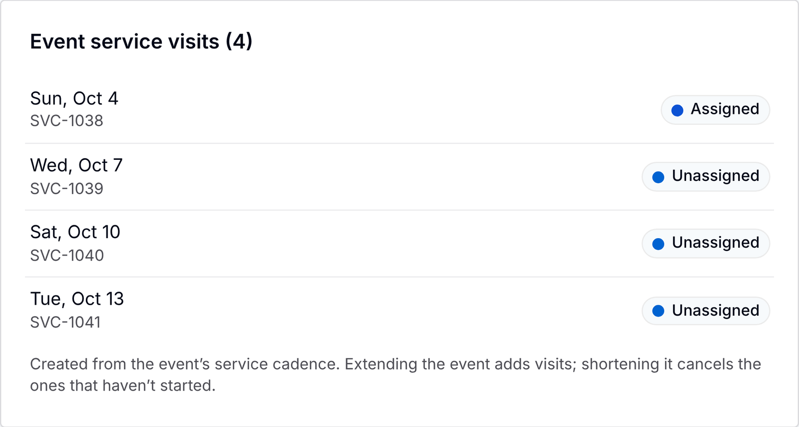 An event delivery job's Event service visits list: one service job per visit date between delivery and pickup, created from the event's every-3-days service line.