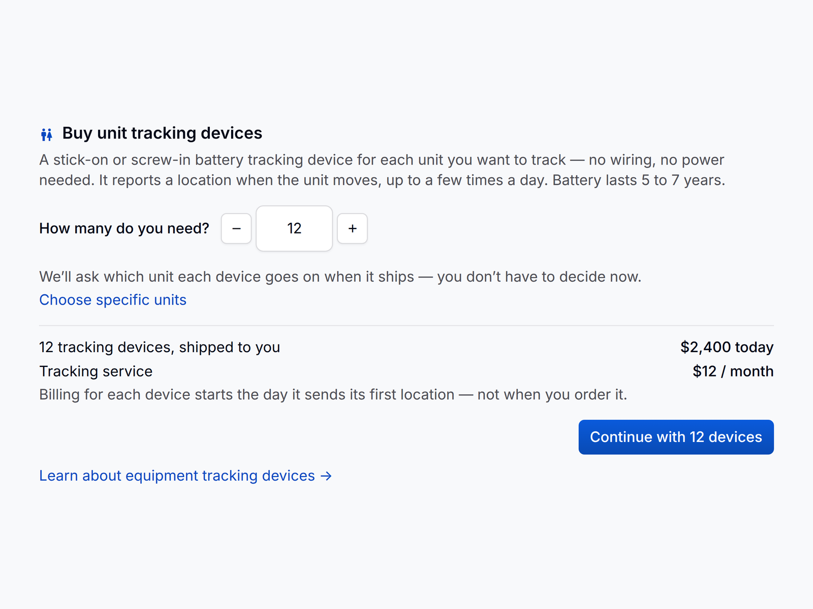 Settings, GPS Tracking in PortaPro: the Buy unit tracking devices card with a quantity of 12 and the order total.