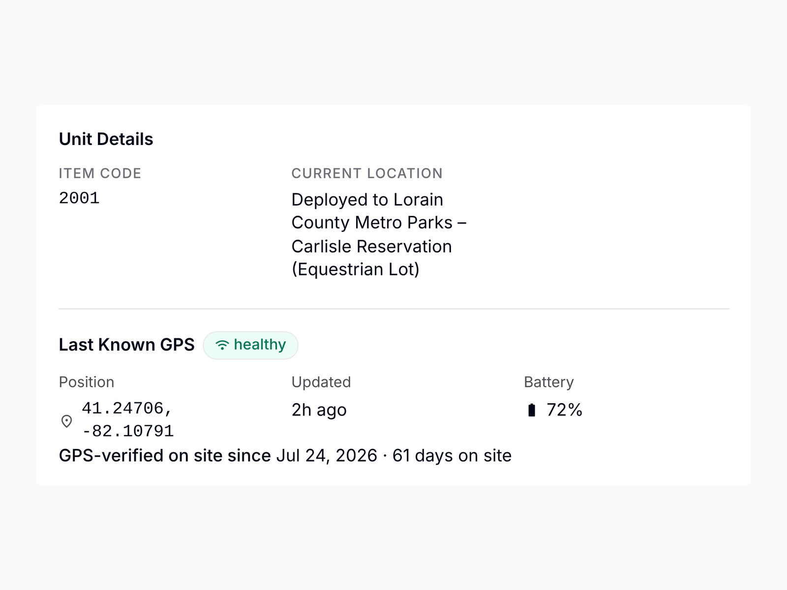 A unit's GPS card in PortaPro inventory: last report, battery, and the device's position on the site map.