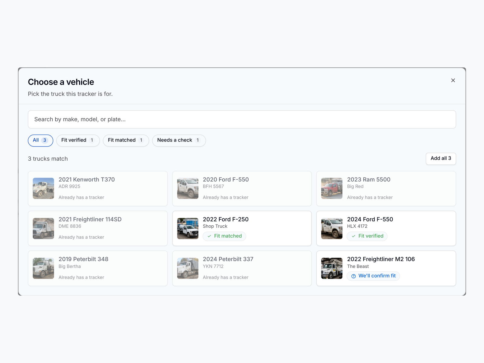The Browse vehicles picker in PortaPro filtered to Fit verified, with truck photos and the Add all button.