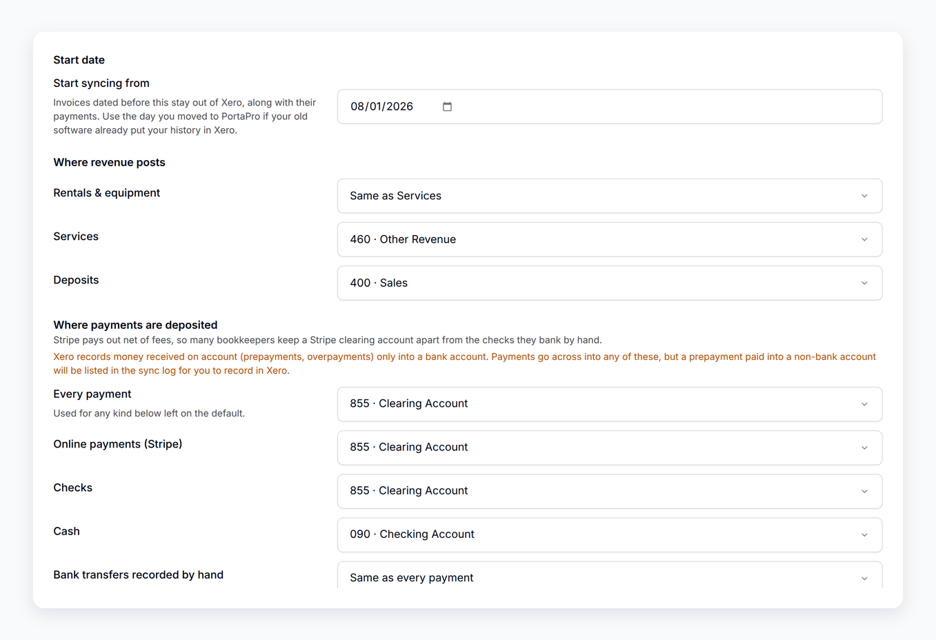 The Xero settings in PortaPro: Start syncing from, where revenue posts, where payments are deposited by method, the taxed and untaxed tax rates, and tracking categories.